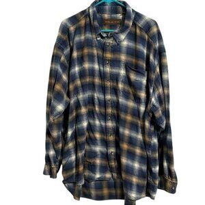 Mens Woodland Trail Blue & Tan Plaid Button-Up Shirt 3X Cotton/Rayon Blend Made